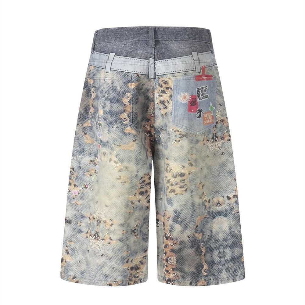Men’s Niche Hip‑Hop Denim 5‑Inch Shorts, Fake Two‑Piece Look With Digital Print, Loose Straight‑Leg Trendy Streetwear Shorts For Summer