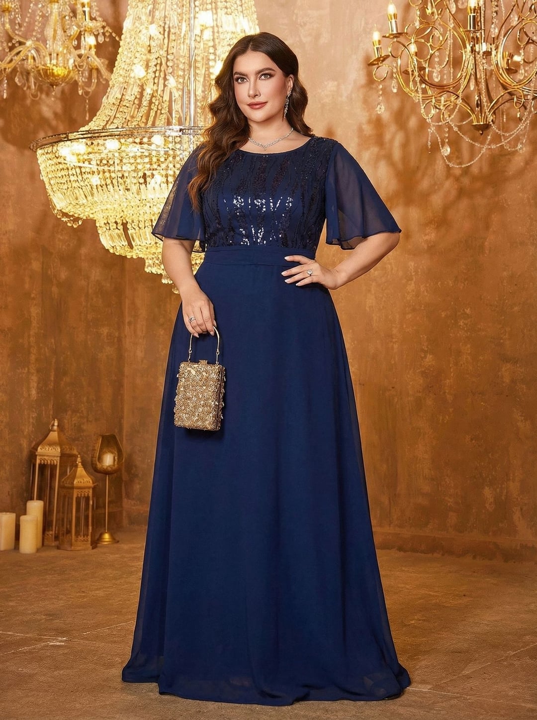 Elegant Plus Size Sequin Bridesmaid Dress, Sequin Spliced Chiffon