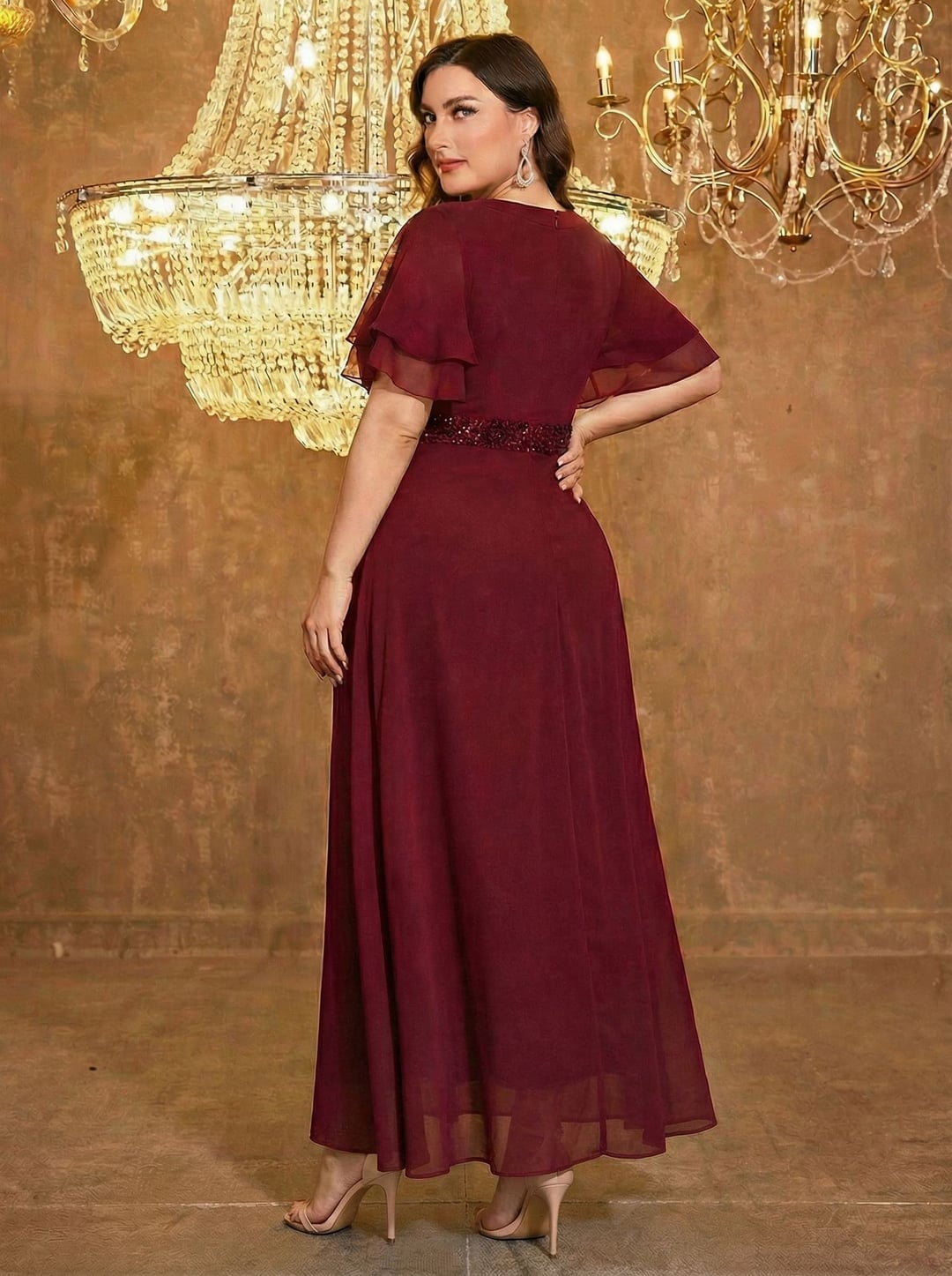 Plus Size Sequin Bridesmaid Dress Chiffon Patchwork Elegant Evening Gown
