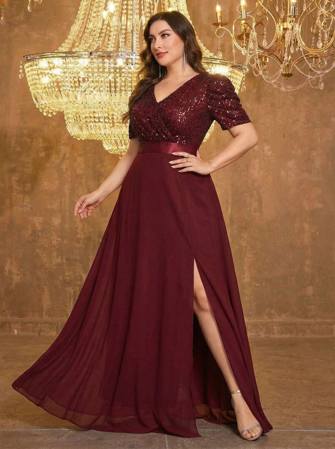 Plus Size European American V-Neck Long Sleeve Split Sequin Elegant Evening Dress