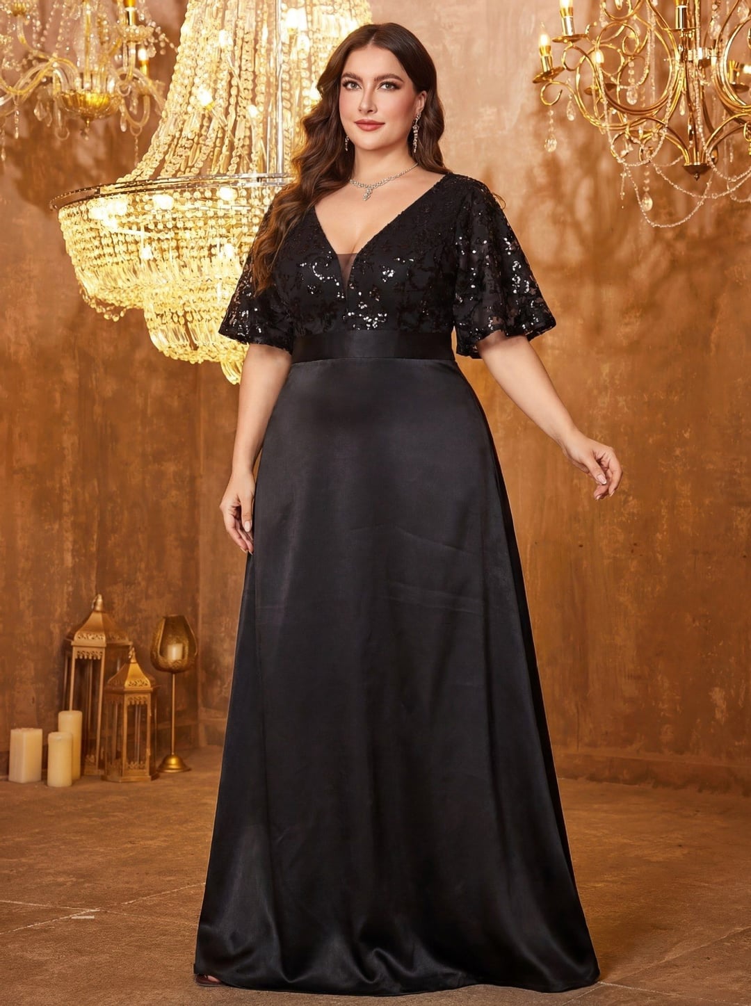 European American V-neck Long Sleeve Split Sequin Evening Dress Elegant Formal Gown