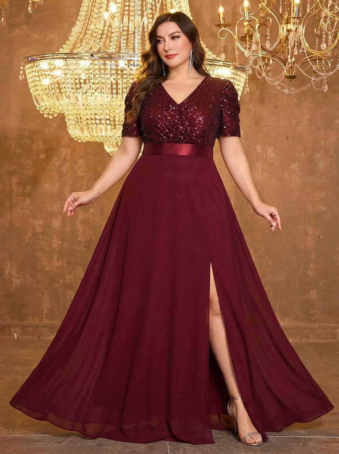 Plus Size European American V-Neck Long Sleeve Split Sequin Elegant Evening Dress