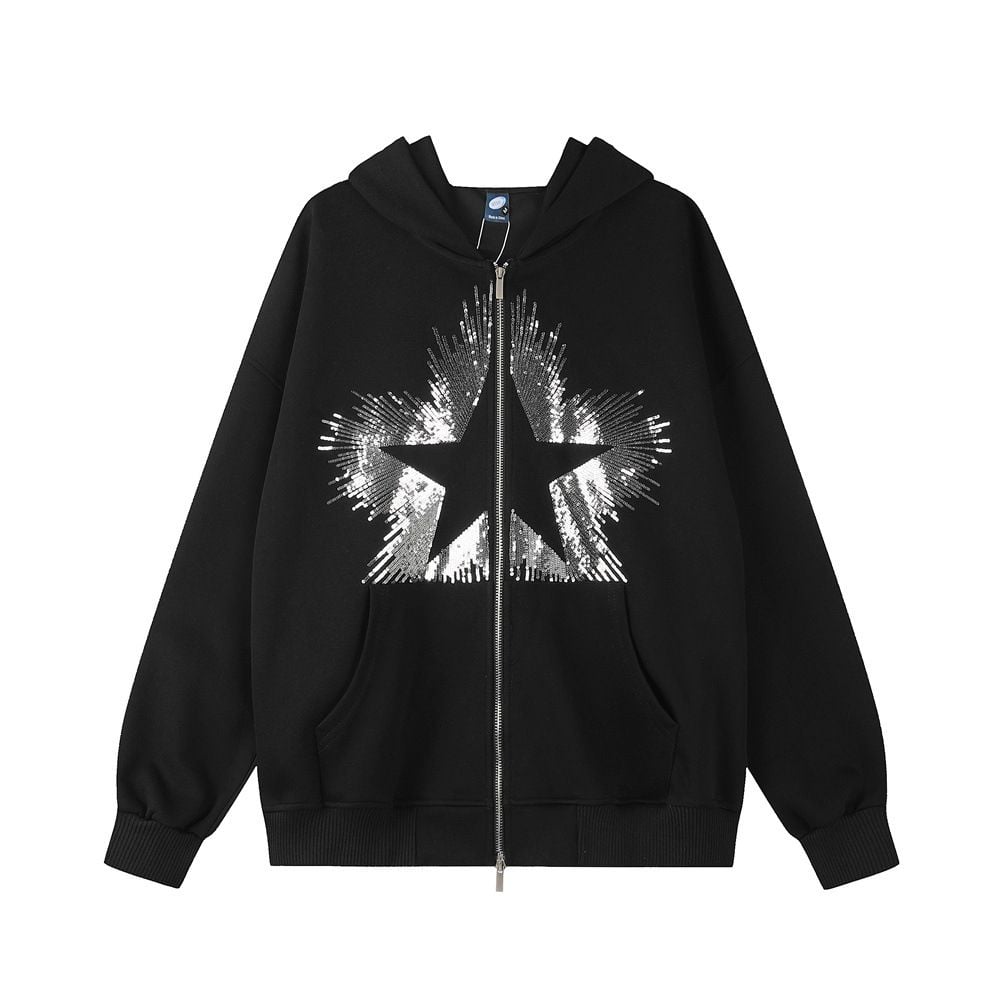 Men High‑Street Unique Design Hoodie Jacket, Star Sequin Embroidery Two‑Way Zipper Loose Casual Sweatshirt for Spring Autumn