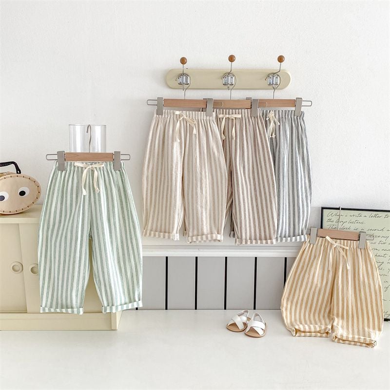 Boys & Girls Striped Drawstring Casual Pants, Loose Lightweight Cotton Linen Long Trousers for Kids