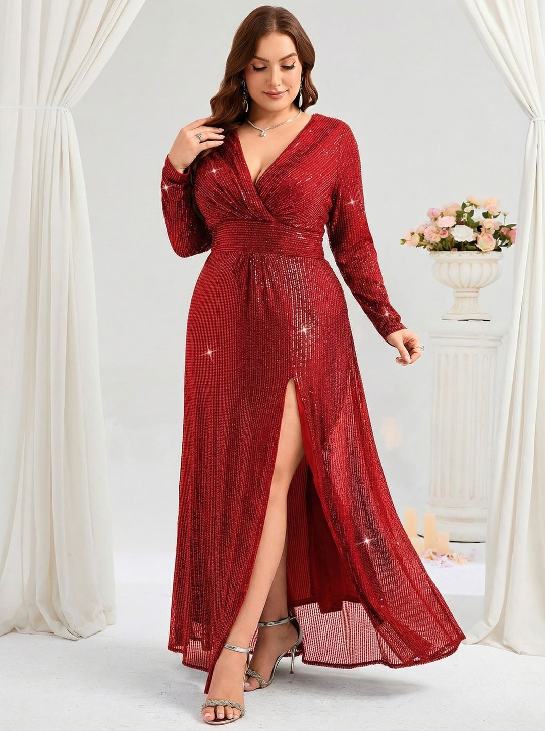 Plus Size European & American Style Evening Dress, V-Neck Long Sleeve Slit Sequin Elegant Gown