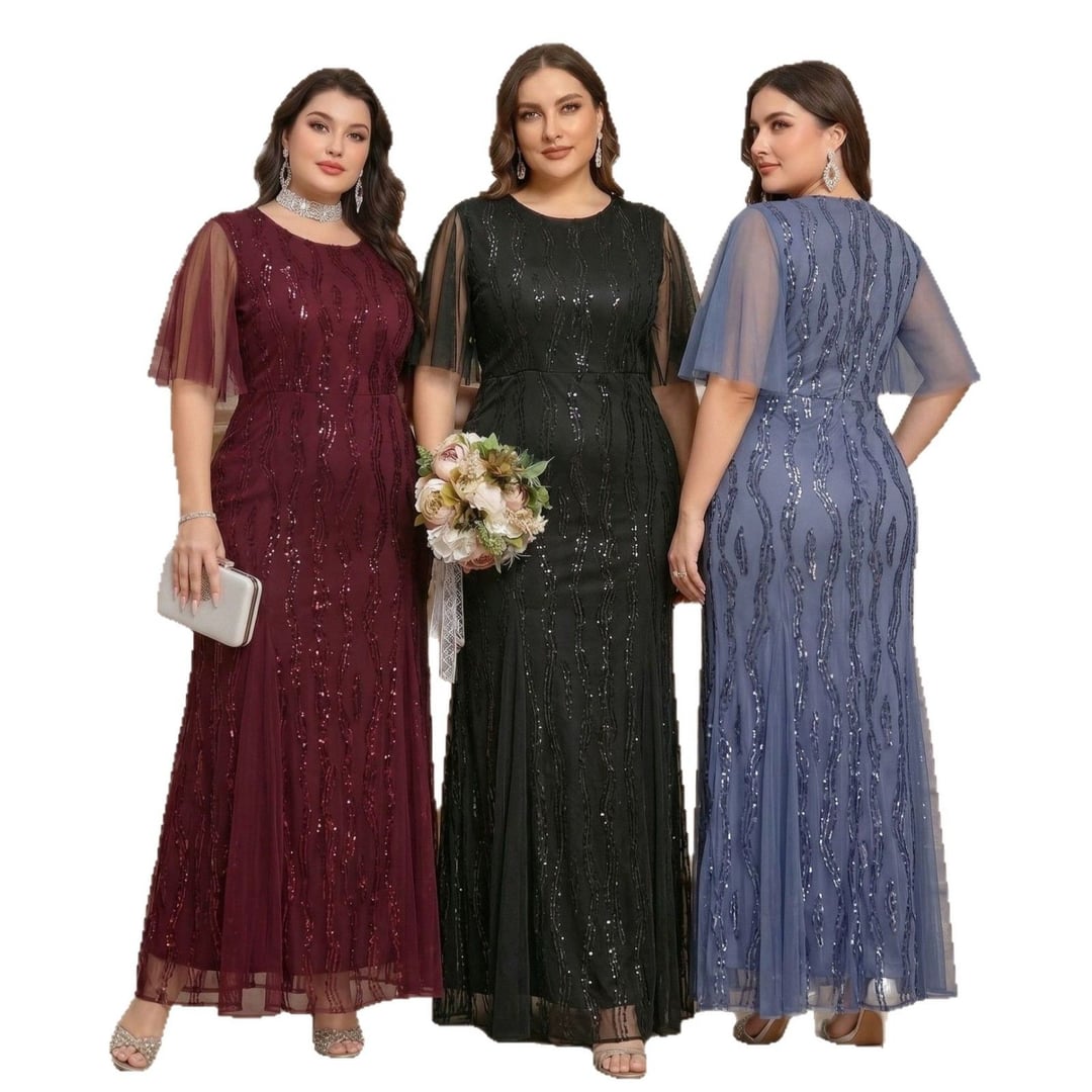 Plus Size Elegant Round Neck Short Sleeve European Style Evening Dress