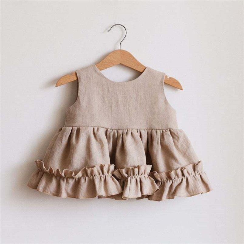 Spring & Summer Cotton Linen Baby Clothing Set, Girls Dress with Ruffle Trim, Princess Slip Dress & Bubble Pants
