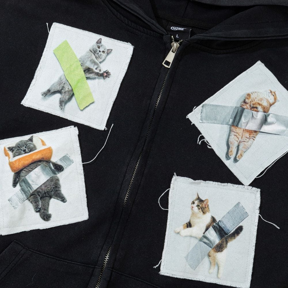 Men’s Color‑Block Patch Cat Graphic Zip‑Up Hoodie, Hip‑Hop Loose Casual Sweatshirt