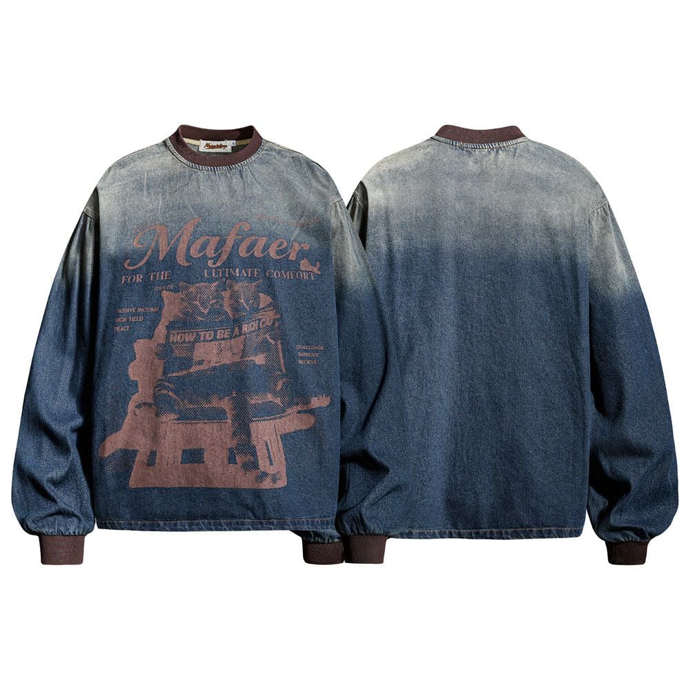 Men Punk Streetwear Vintage Tie‑Dye Distressed Denim‑Effect Crew Neck Pullover Sweatshirt, Loose Casual Top for Spring Autumn
