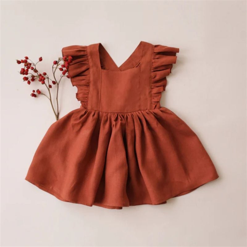 Spring & Summer Cotton Linen Baby Girls Outfit, Ruffled Princess Dress for Toddlers