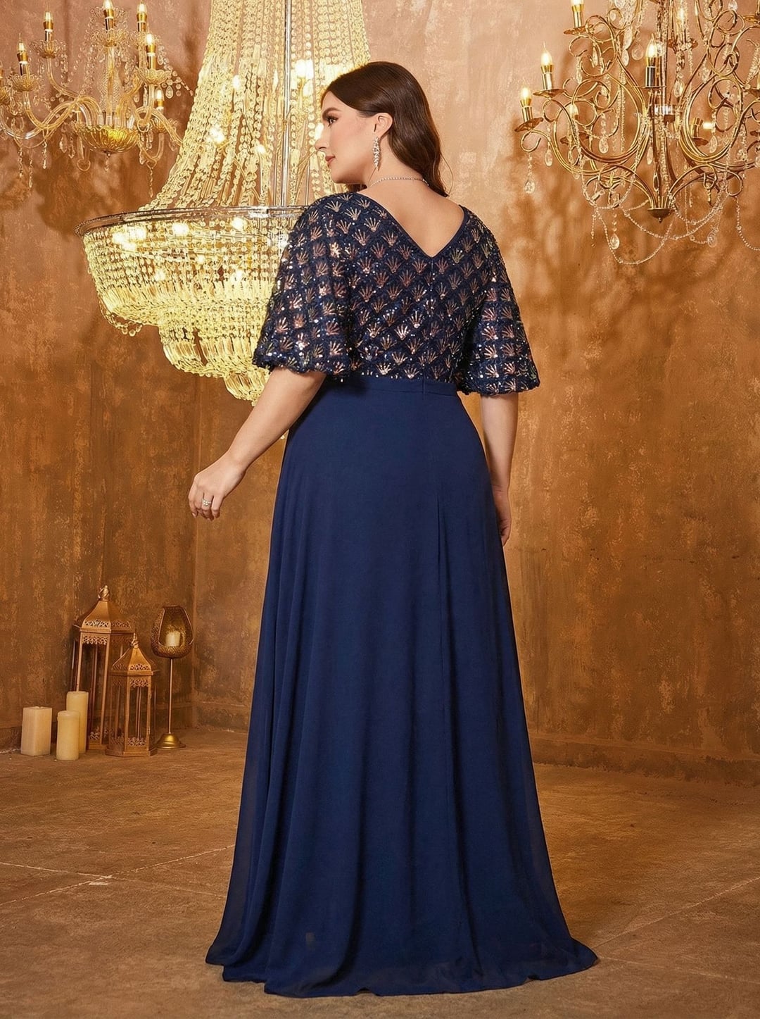 European & American V-neck Long Sleeve Split Sequin Elegant Evening Dress