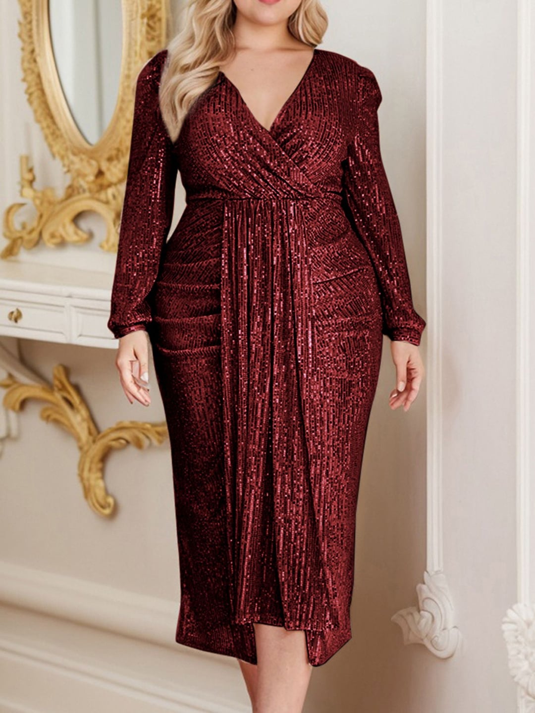 Plus Size Women V-Neck Long Sleeve Split Sequin Elegant Dress