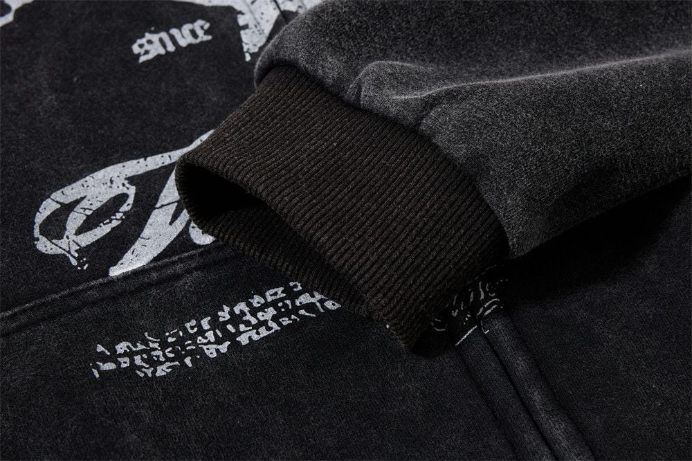 Men Vintage Distressed Letter Print Cropped Zip‑Up Hoodie, Loose Casual Sports Outerwear for Spring Autumn