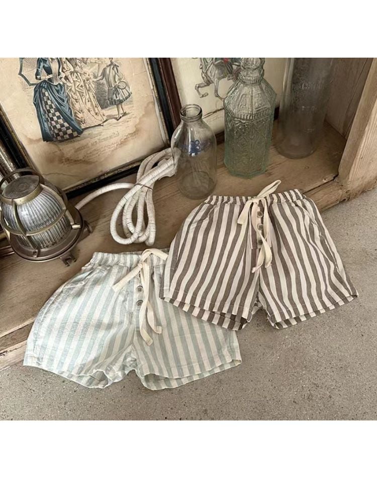 Cotton Linen Striped Casual Shorts, Button Decor, Loose & Breathable for Baby Boys