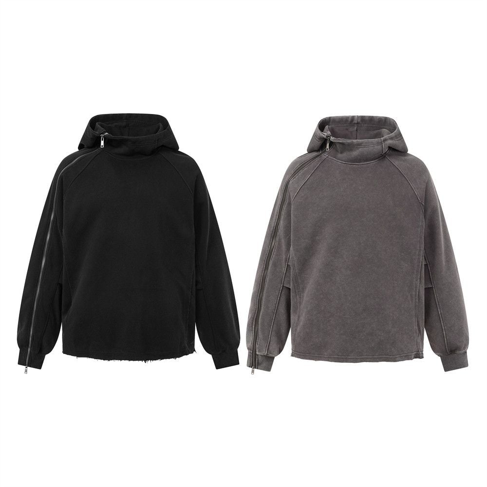 Men Pullover Hoodie | Wasteland Washed Distressed Finish, Diagonal Asymmetric Zipper, Niche Design, Oversized Fit, Spring‑Autumn Wear