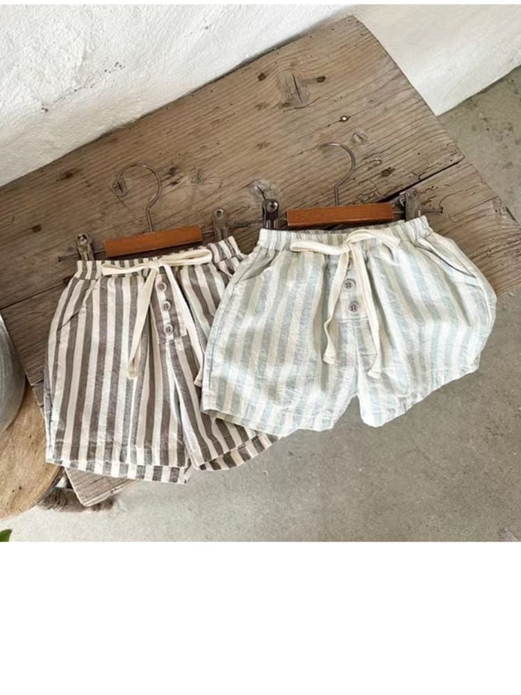 Cotton Linen Striped Casual Shorts, Button Decor, Loose & Breathable for Baby Boys