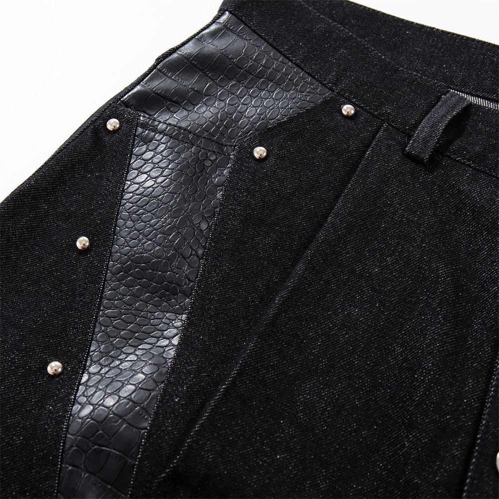 Men’s Summer Design‑Forward Denim 5‑Inch Shorts, Stud & Croc‑Embossed PU Leather Splicing, Button‑Placket Straight‑Cut High‑Street Trendy Shorts