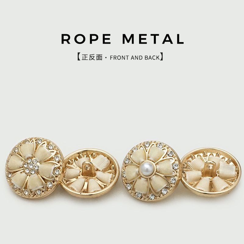 Corded Metal Buttons with Woven Pearls and Rhinestone Inlay