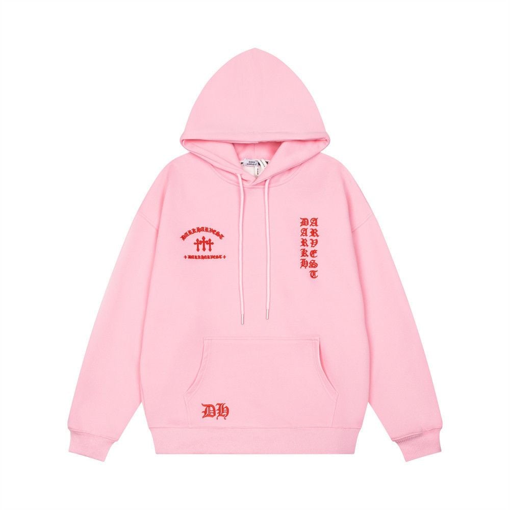Dark Tone Cross & Sanskrit Gothic Letter Embroidered Hoodie, Men's Trendy Loose Pullover Sweatshirt Spring Autumn