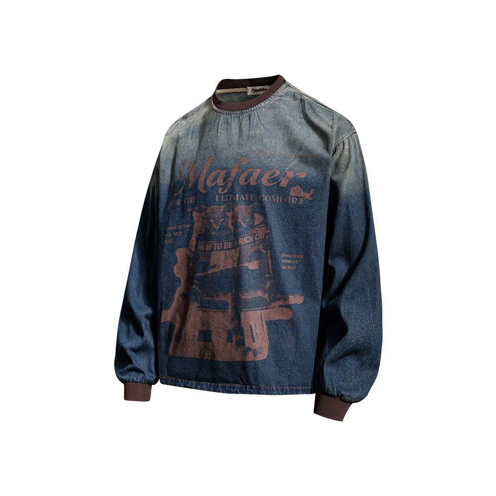 Men Punk Streetwear Vintage Tie‑Dye Distressed Denim‑Effect Crew Neck Pullover Sweatshirt, Loose Casual Top for Spring Autumn