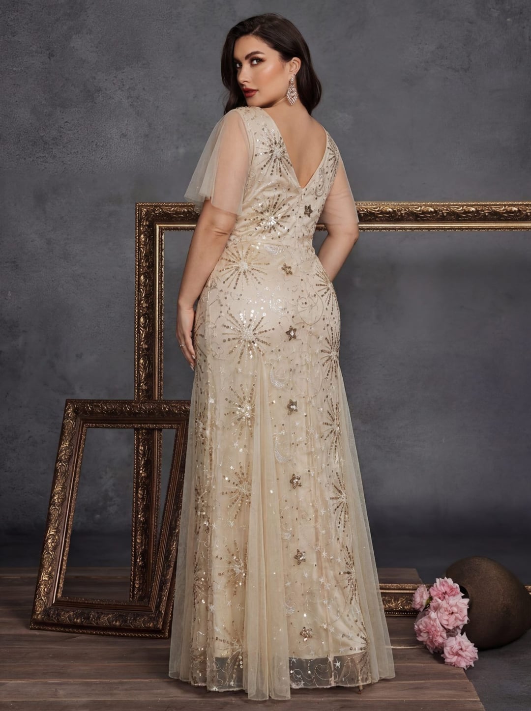 V-neck Short Sleeve Sunflower Print Elegant Evening Dress