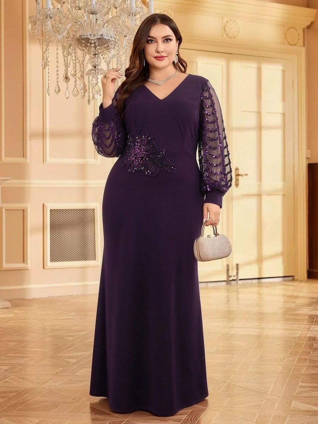 European American V-neck Long Sleeve Mermaid Sequin Elegant Evening Gown