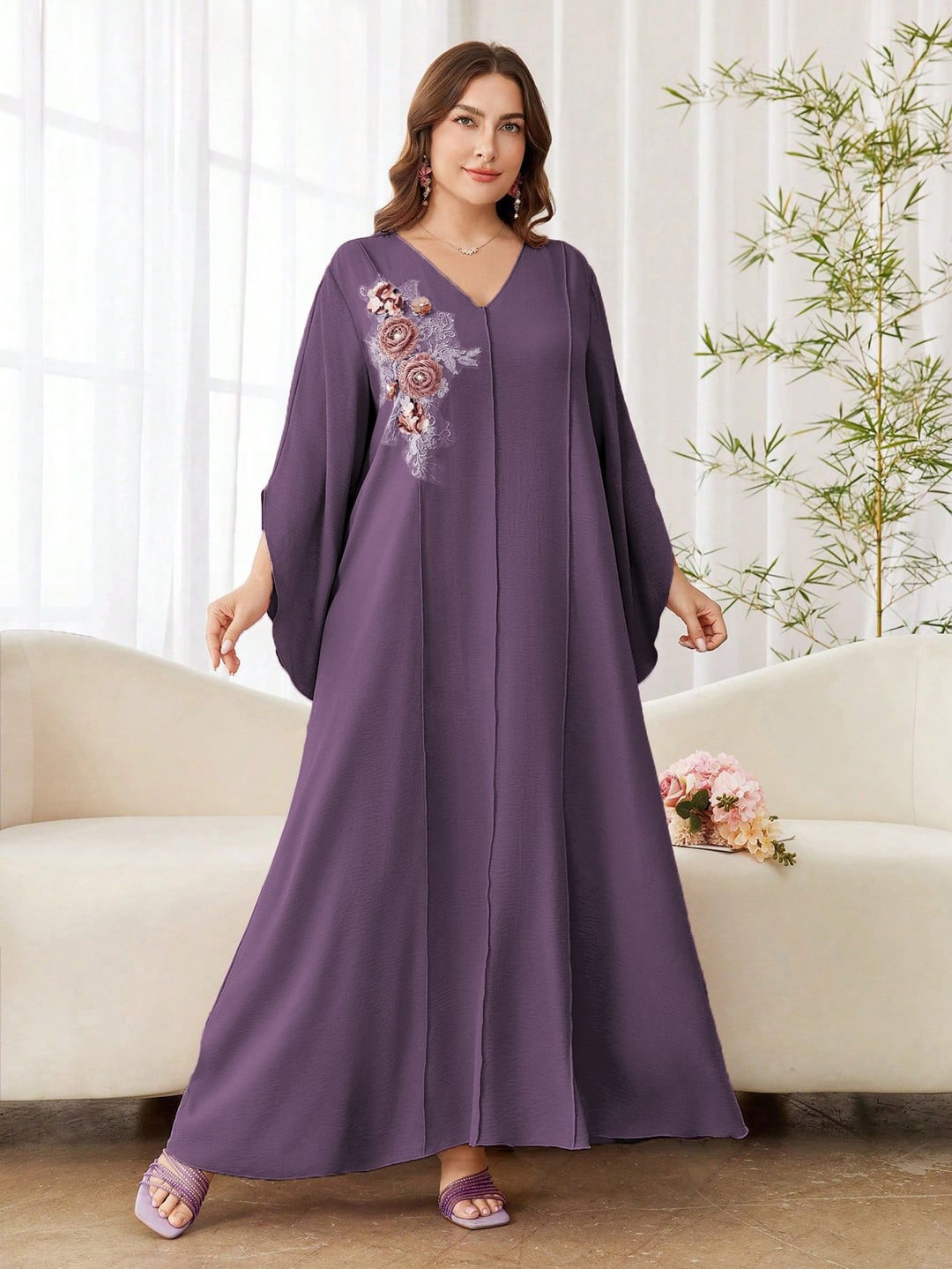 Plus Size Women Ethnic Style Loose Long Dress, V Neck