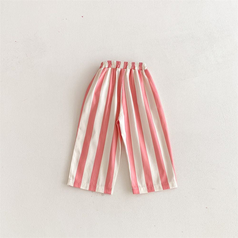 Spring Summer Cotton Striped Pants for Kids, Boys Girls Loose Straight Leg Casual Trousers with Pockets