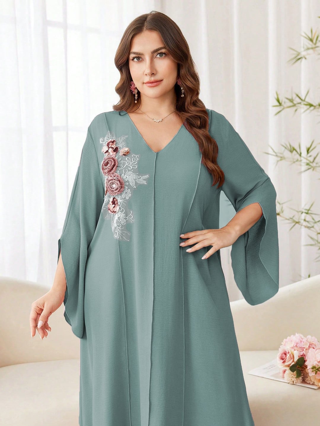 Plus Size Women Ethnic Style Loose Long Dress, V Neck
