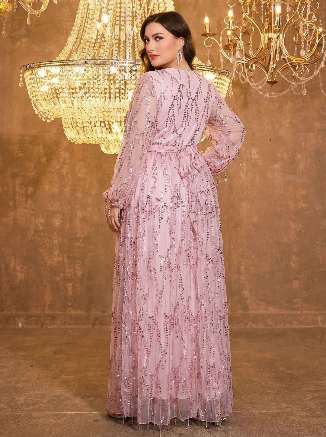 Plus Size Women Dress, European American V-Neck Long Sleeve Slit Sequin Elegant Style