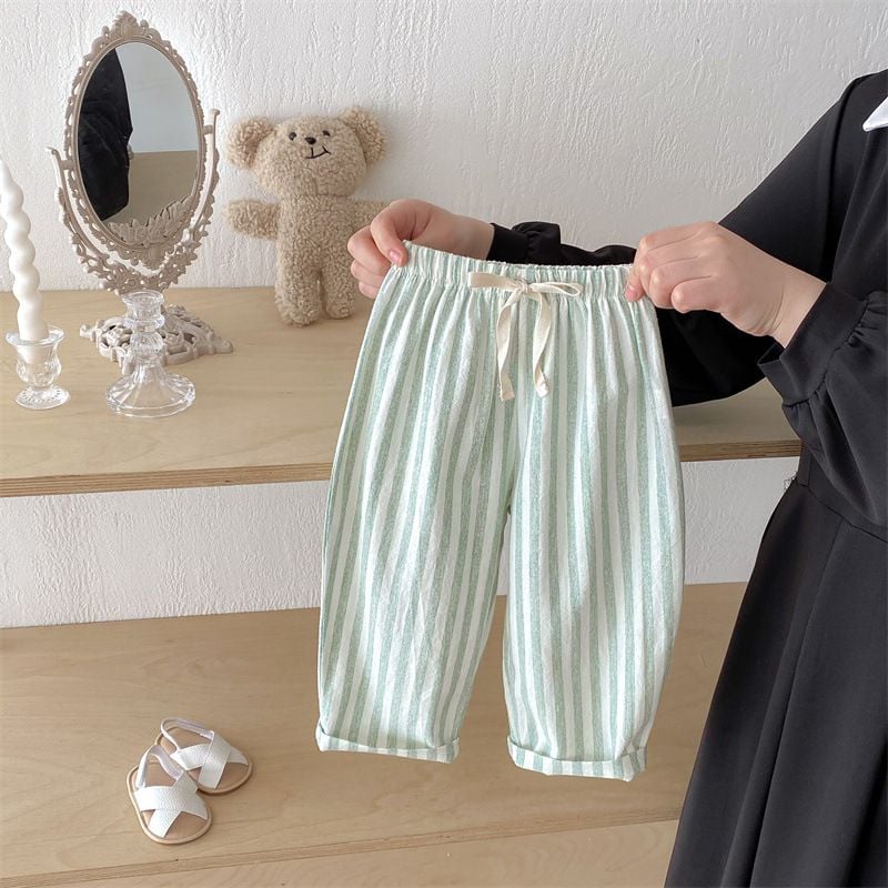 Boys & Girls Striped Drawstring Casual Pants, Loose Lightweight Cotton Linen Long Trousers for Kids
