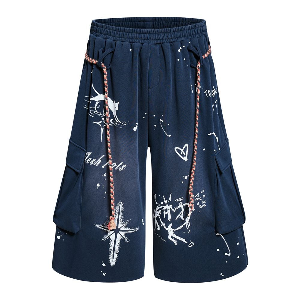 Men Hand‑Drawn Graffiti Washed Cargo 3/4 Shorts, Drawstring Multi‑Pocket Loose Wide‑Leg Streetwear