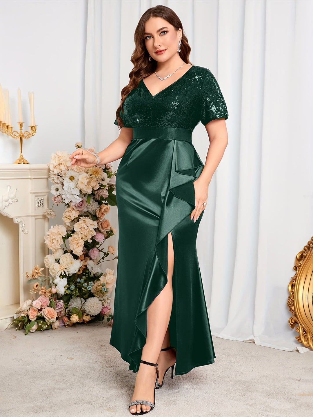 Plus Size Women V-Neck Short Sleeve Split Sequin Elegant Dress