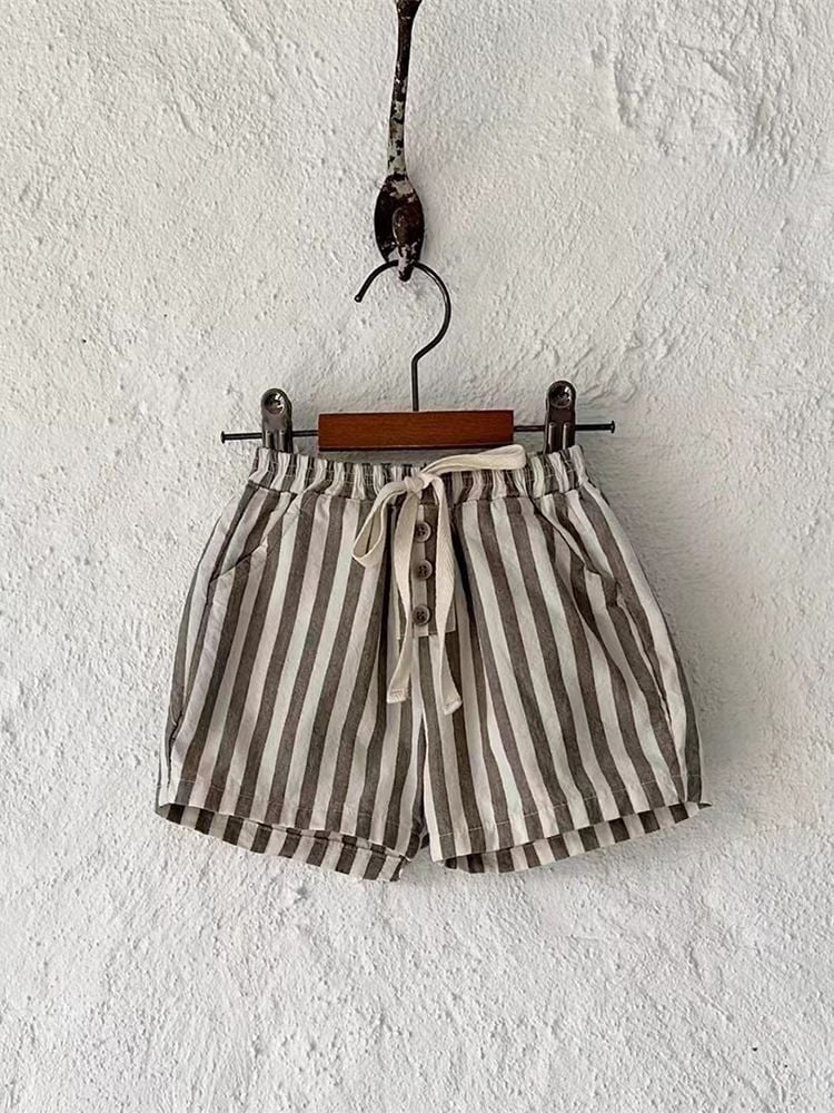 Cotton Linen Striped Casual Shorts, Button Decor, Loose & Breathable for Baby Boys