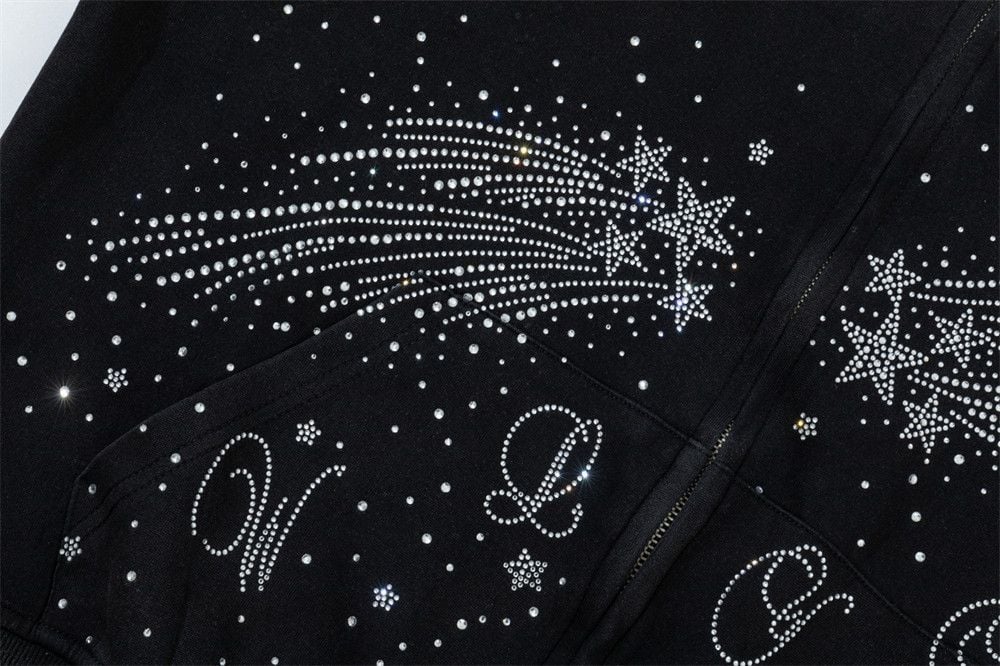 Men Starry Bling Hot‑Fix Rhinestone Hooded Zip‑Up Cardigan, Hip‑Hop Street‑Style Unique Double‑Slider Zipper Sweatshirt Jacket for Spring Autumn