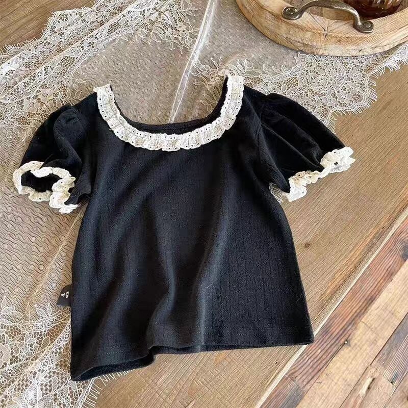Korean Style Baby Girls Knit Top, Hollow Out Design, Lace Neck & Puff Short Sleeve, Cute Summer T-shirt