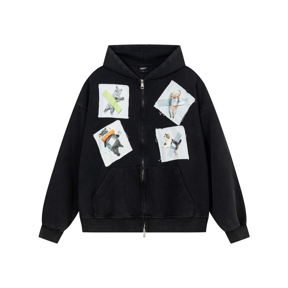 Men’s Color‑Block Patch Cat Graphic Zip‑Up Hoodie, Hip‑Hop Loose Casual Sweatshirt