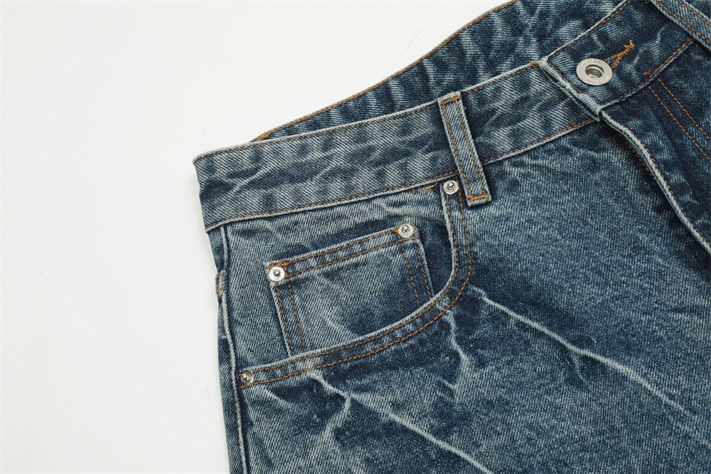 Men’s Washed Faded Denim 5‑Inch Mid Shorts, Vintage Distressed Finish, Loose Wide‑Leg Straight‑Cut Casual Cargo Streetwear Shorts