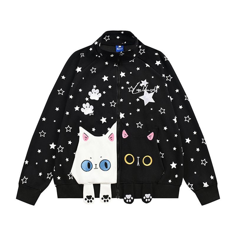 Hip Hop Star Printed Loose Zip Up Jacket, Men's Casual Cartoon Patch Pocket Stand Collar Sweatshirt Coat