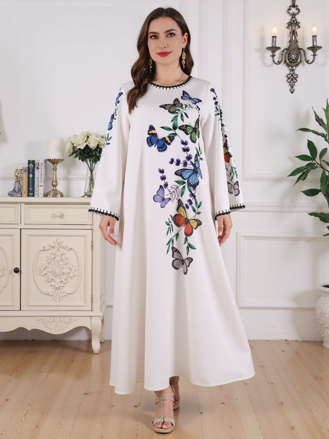 Printed Rhinestone Women Loose Maxi Robe Dress