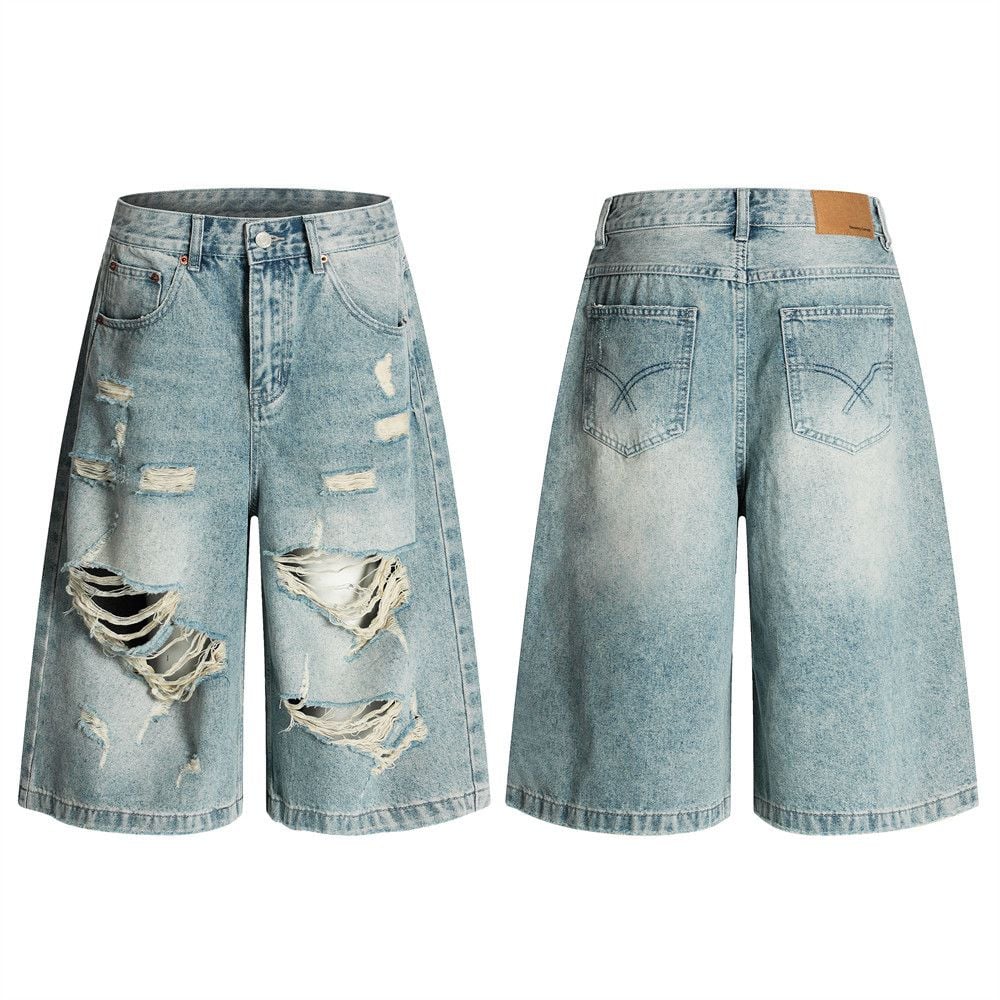 Men's American Punk Ripped Denim Seven-Point Pants Summer Style