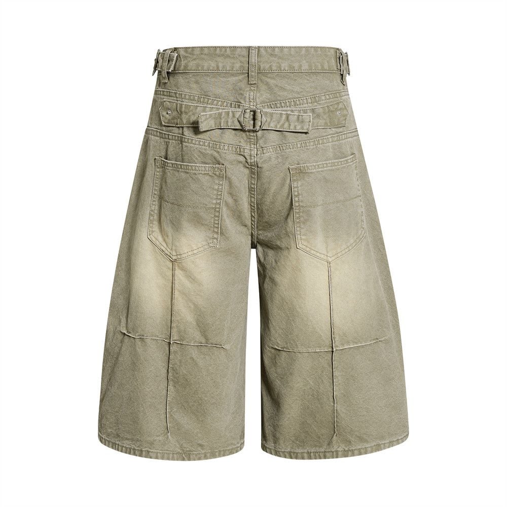 Men’s Summer Punk Street‑Style Canvas Work Shorts, Button Fly, Washed Distressed, Loose Fit, 7/8 Length