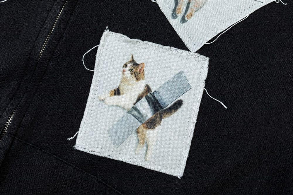 Men’s Color‑Block Patch Cat Graphic Zip‑Up Hoodie, Hip‑Hop Loose Casual Sweatshirt