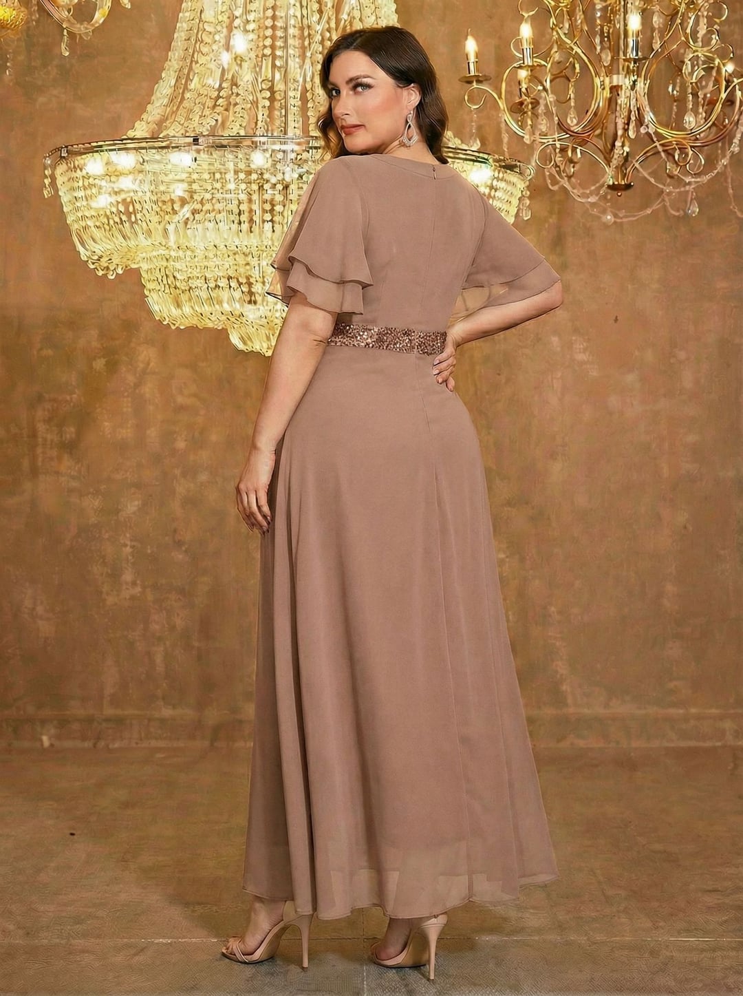 Plus Size Sequin Bridesmaid Dress Chiffon Patchwork Elegant Evening Gown