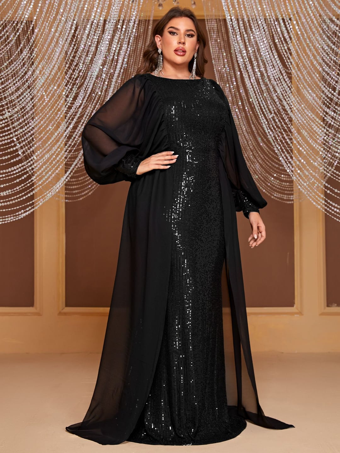 Round Neck Big Sleeve Chiffon Evening Dress Elegant Flowy Design