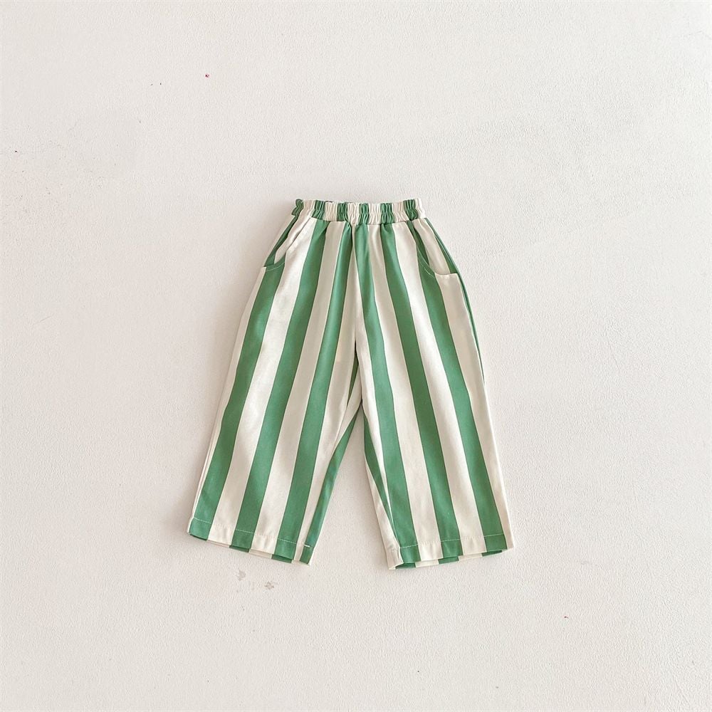 Spring Summer Cotton Striped Pants for Kids, Boys Girls Loose Straight Leg Casual Trousers with Pockets
