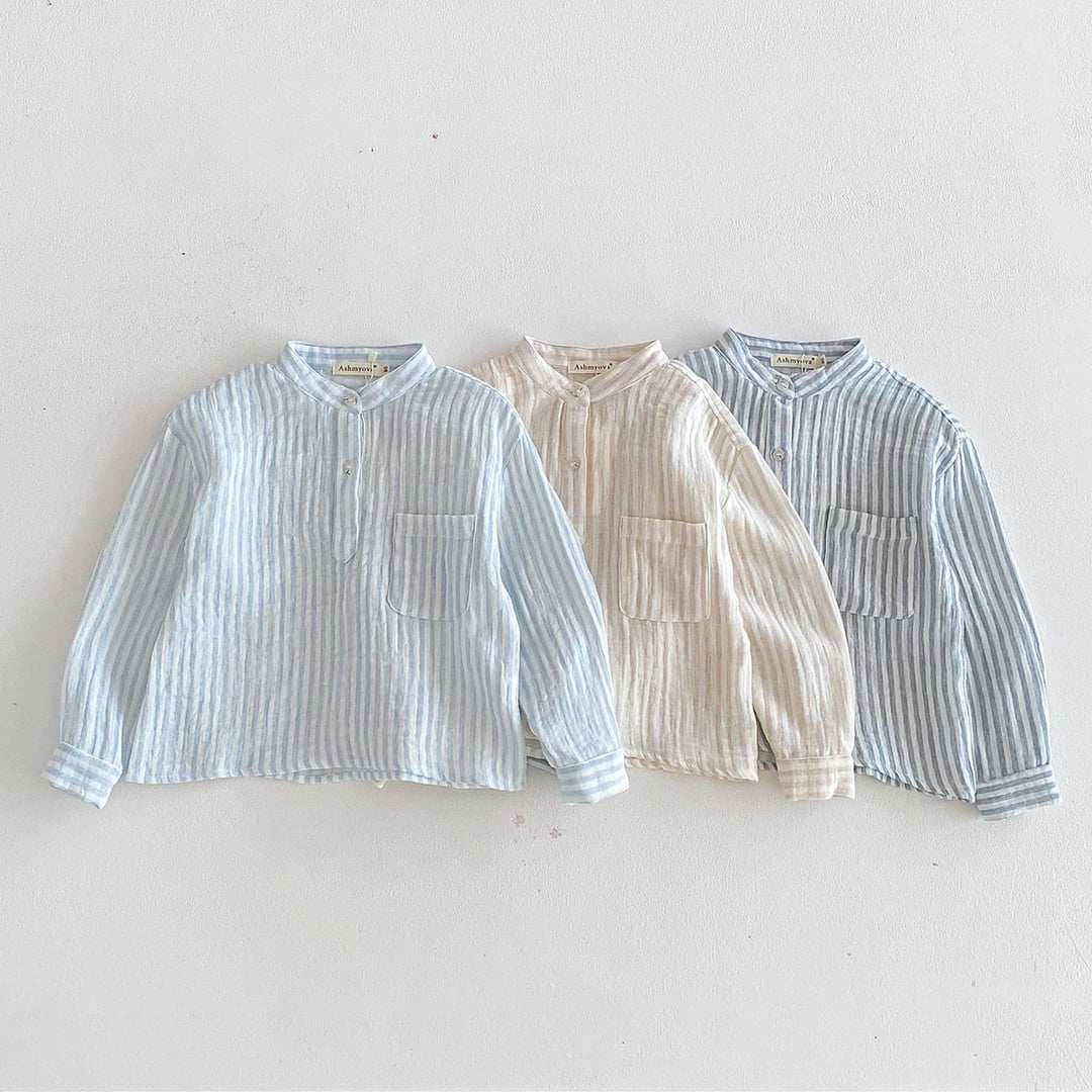Spring Autumn Kids Vertical Striped T-Shirt, Double-Layer Cotton Yarn Casual Shirt, All-Match Daily Tops for Toddler & Older Boys Girls