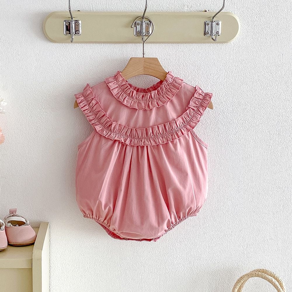 Baby Girls Korean Style Sleeveless Romper, Ruffle Neck Dress Bodysuit, Summer Casual Wear