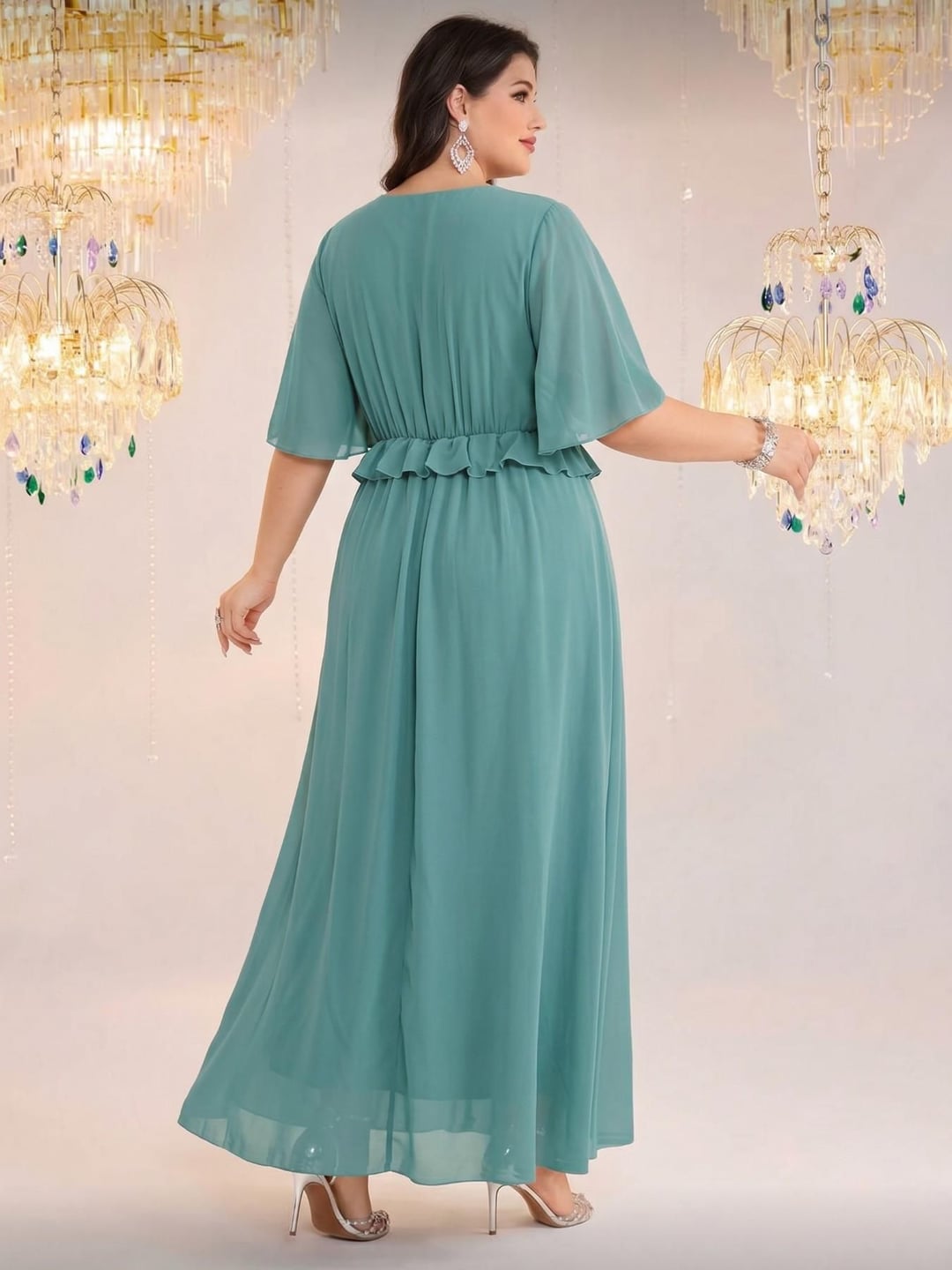 Women's Plus Size Elegant Cross V-Neck Ruffle Waist Slimming Summer Dress