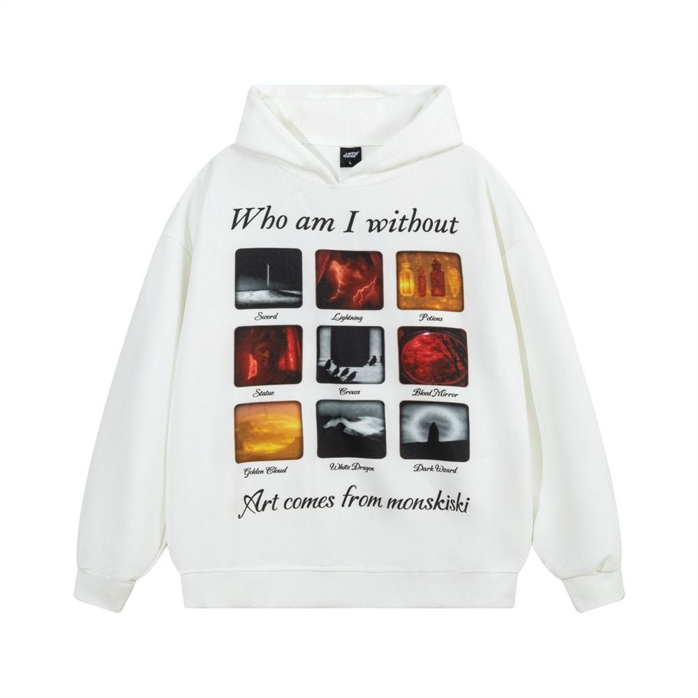 Men Creative 9‑Grid Graphic Print Pullover Hoodie, Washed Loose Hip‑Hop Street‑Style Sweatshirt for Spring Autumn